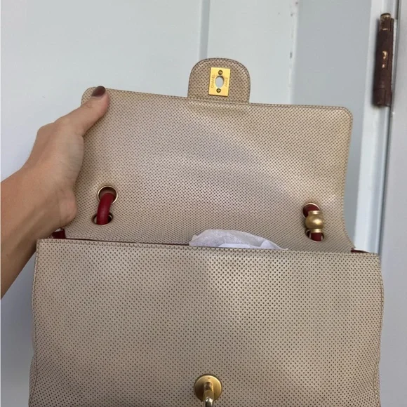 CHANEL Vintage Perforated Leather Top Handle Bag – Beige & Bordeaux - Picture 8 of 16